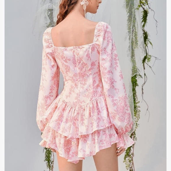 SHEIN Floral Toile Ruffle Pleated Romper Dress NWT - Picture 4 of 7